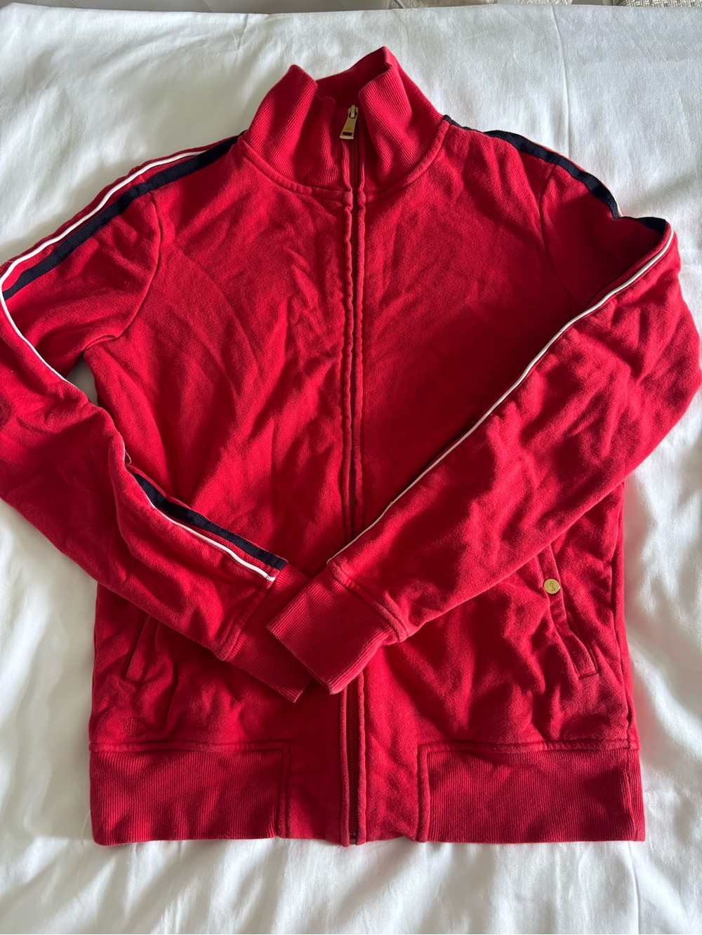 Ralph Lauren Red Track Jacket with Navy & White Sleeve Stripes